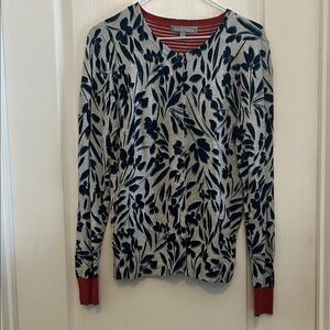 Crewneck Floral Knit Sweater in Cream and Navy with Red Trim